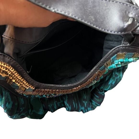 Chico’s Black And Teal Silk Chiffon Beaded Handbag - Picture 12 of 14